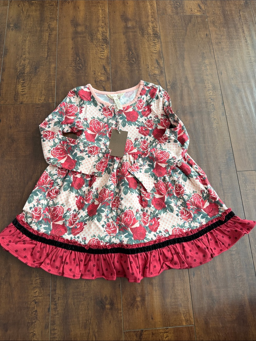 Matilda Jane Pink and Red Floral Long-Sleeve Dress with Ruffle Hem